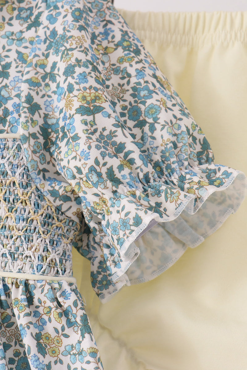 Sage Floral Smocked Ruffle Bloomer Set
