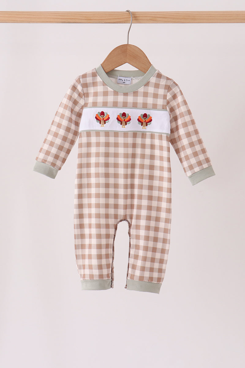 Brown turkey embroidery gingham romper