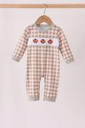 Brown turkey embroidery gingham romper