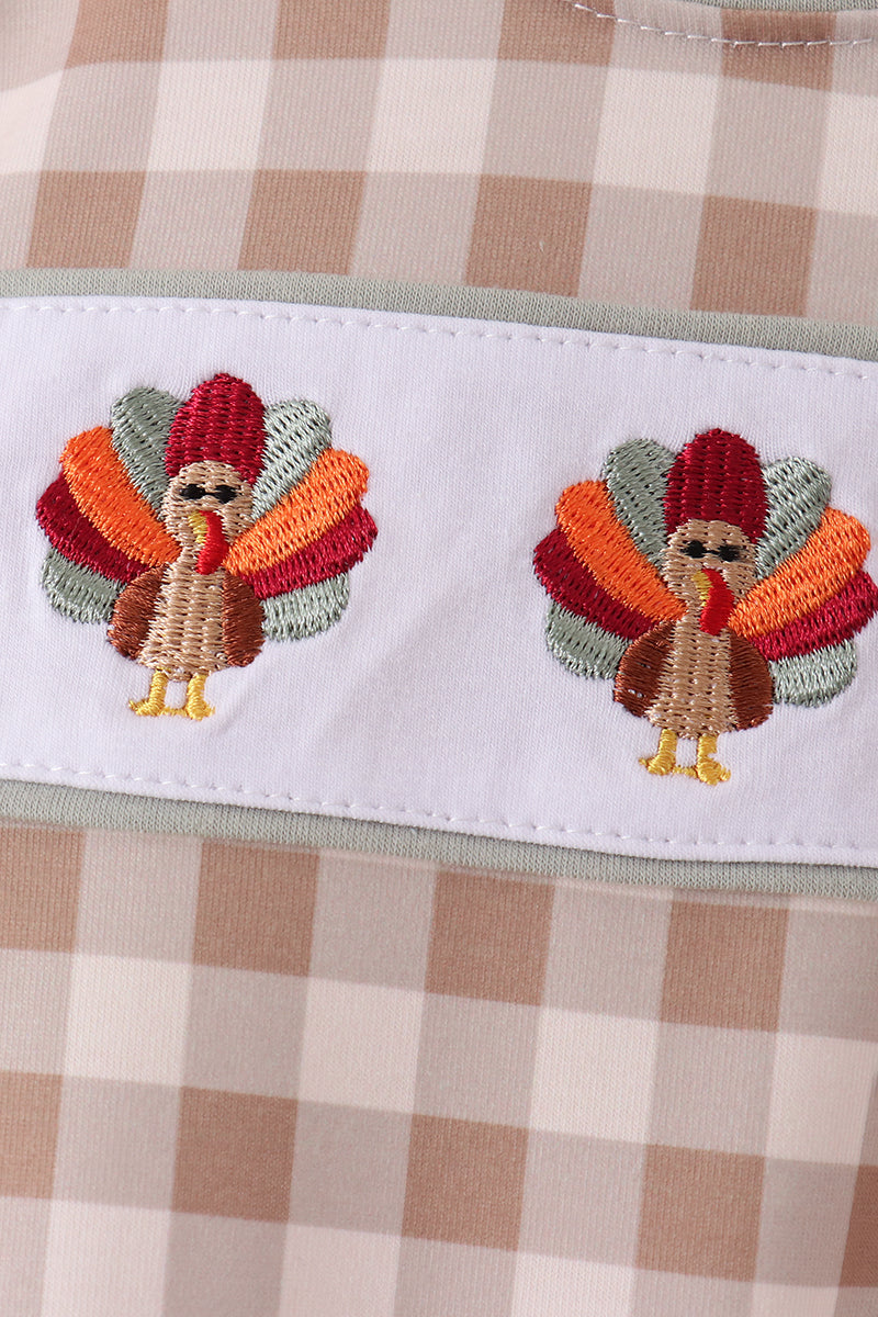 Brown turkey embroidery gingham romper