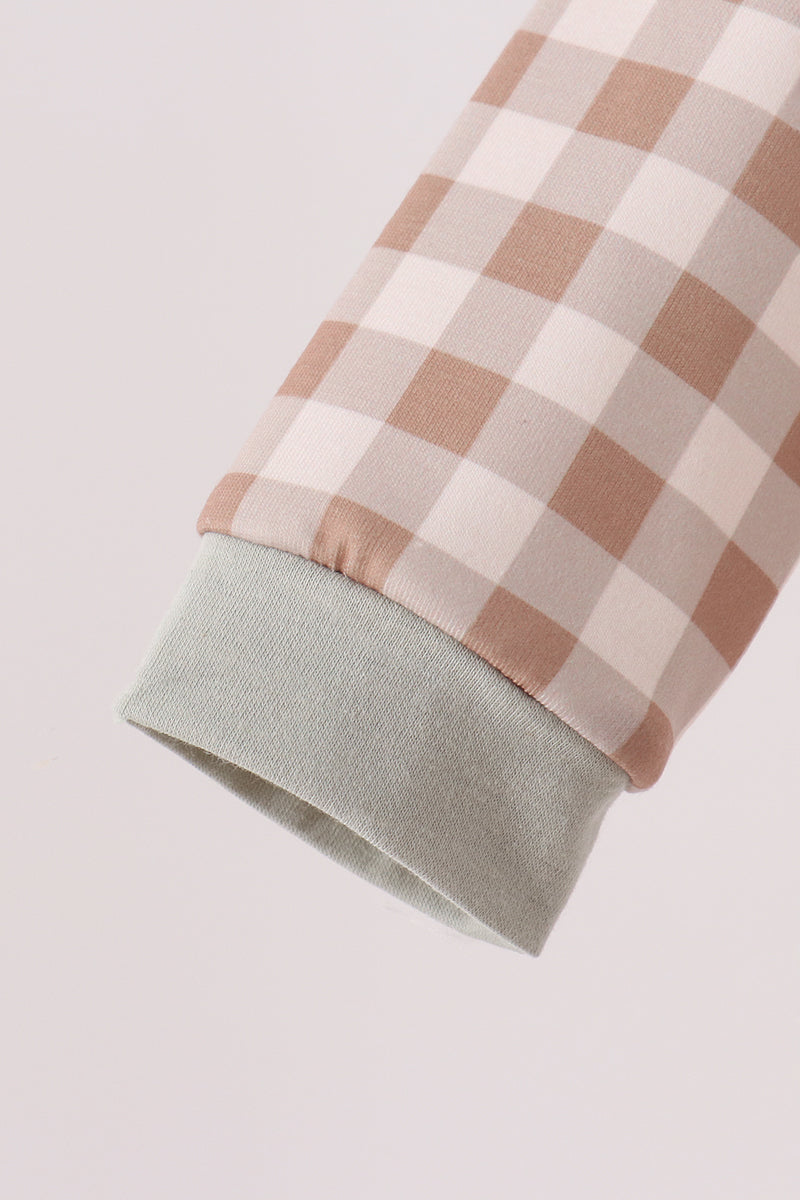 Brown turkey embroidery gingham romper